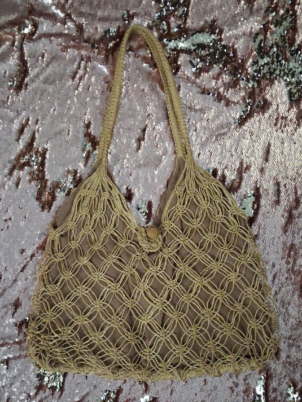 Vintage 70's Woven Macramé Tote Bag in Olive